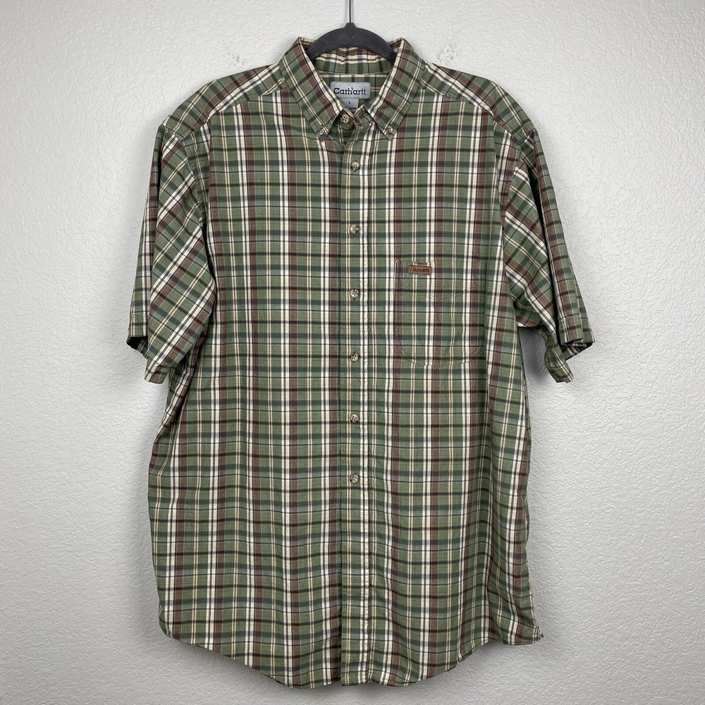 Carhartt Men's Short Sleeve Plaid Button Up‎ Shirt Size L 100% Cotton
